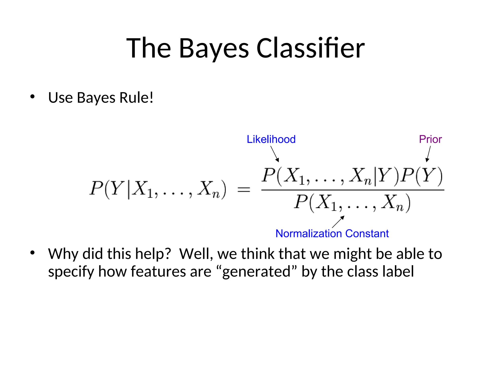 The Bayes Classifier
• Use Bayes Rule!
• Why did this help? Well, we think that we might be able to
specify how features are “generated” by the class label
Normalization Constant
Likelihood Prior
 