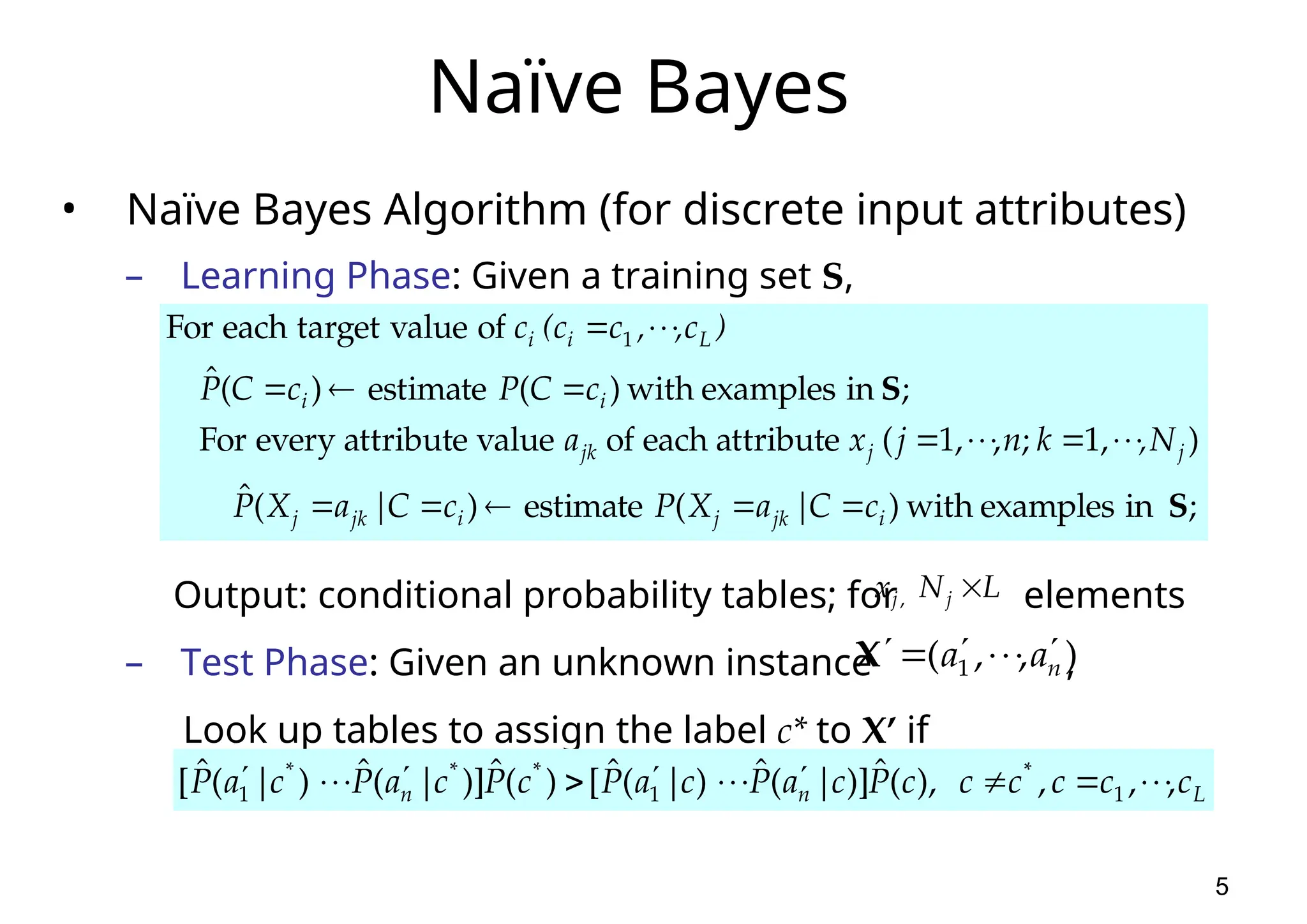 5 Naïve Bayes • Naïve Bayes Algorithm (for discrete input attributes) – Learning Phase: Given a training set S, Output: conditional probability tables; for elements – Test Phase: Given an unknown instance , Look up tables to assign the label c* to X’ if ; in examples with ) | ( estimate ) | ( ˆ ) , 1 ; , , 1 ( attribute each of value attribute every For ; in examples with ) ( estimate ) ( ˆ of value target each For 1 S S i jk j i jk j j j jk i i L i i c C a X P c C a X P N , k n j x a c C P c C P ) c , , c (c c                     L n n c c c c c c P c a P c a P c P c a P c a P , , , ), ( ˆ )] | ( ˆ ) | ( ˆ [ ) ( ˆ )] | ( ˆ ) | ( ˆ [ 1 * 1 * * * 1                 ) , , ( 1 n a a        X L N x j j  , 