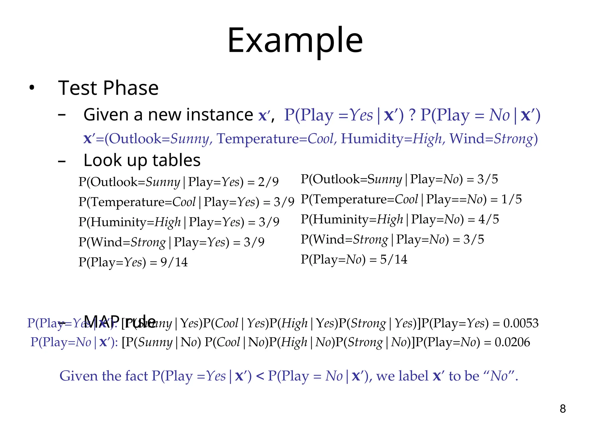 8 Example • Test Phase – Given a new instance x’, P(Play =Yes|x’) ? P(Play = No|x’) x’=(Outlook=Sunny, Temperature=Cool, Humidity=High, Wind=Strong) – Look up tables – MAP rule P(Outlook=Sunny|Play=No) = 3/5 P(Temperature=Cool|Play==No) = 1/5 P(Huminity=High|Play=No) = 4/5 P(Wind=Strong|Play=No) = 3/5 P(Play=No) = 5/14 P(Outlook=Sunny|Play=Yes) = 2/9 P(Temperature=Cool|Play=Yes) = 3/9 P(Huminity=High|Play=Yes) = 3/9 P(Wind=Strong|Play=Yes) = 3/9 P(Play=Yes) = 9/14 P(Play=Yes|x’): [P(Sunny|Yes)P(Cool|Yes)P(High|Yes)P(Strong|Yes)]P(Play=Yes) = 0.0053 P(Play=No|x’): [P(Sunny|No) P(Cool|No)P(High|No)P(Strong|No)]P(Play=No) = 0.0206 Given the fact P(Play =Yes|x’) < P(Play = No|x’), we label x’ to be “No”. 
