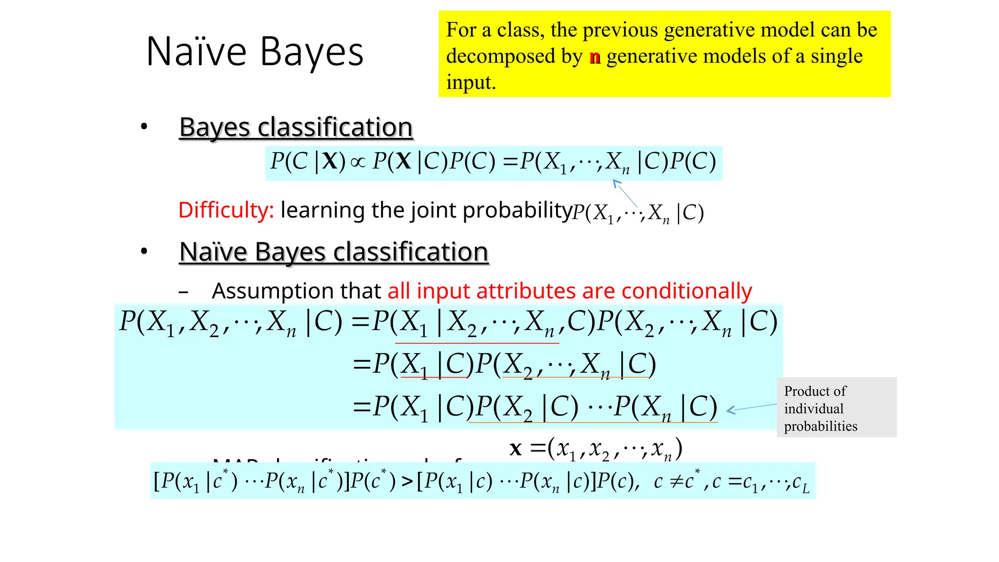 Naïve Bayes
• Bayes classification
Bayes classification
Difficulty: learning the joint probability
• Naïve Bayes classification
Naïve Bayes classification
– Assumption that all input attributes are conditionally
independent!
– MAP classification rule: for
)
(
)
|
,
,
(
)
(
)
(
)
( 1 C
P
C
X
X
P
C
P
C
|
P
|
C
P n




 X
X
)
|
,
,
( 1 C
X
X
P n



)
|
(
)
|
(
)
|
(
)
|
,
,
(
)
|
(
)
|
,
,
(
)
,
,
,
|
(
)
|
,
,
,
(
2
1
2
1
2
2
1
2
1
C
X
P
C
X
P
C
X
P
C
X
X
P
C
X
P
C
X
X
P
C
X
X
X
P
C
X
X
X
P
n
n
n
n
n


















L
n
n c
c
c
c
c
c
P
c
x
P
c
x
P
c
P
c
x
P
c
x
P ,
,
,
),
(
)]
|
(
)
|
(
[
)
(
)]
|
(
)
|
(
[ 1
*
1
*
*
*
1 











)
,
,
,
( 2
1 n
x
x
x 



x
For a class, the previous generative model can be
decomposed by n
n generative models of a single
input.
Product of
individual
probabilities
 
