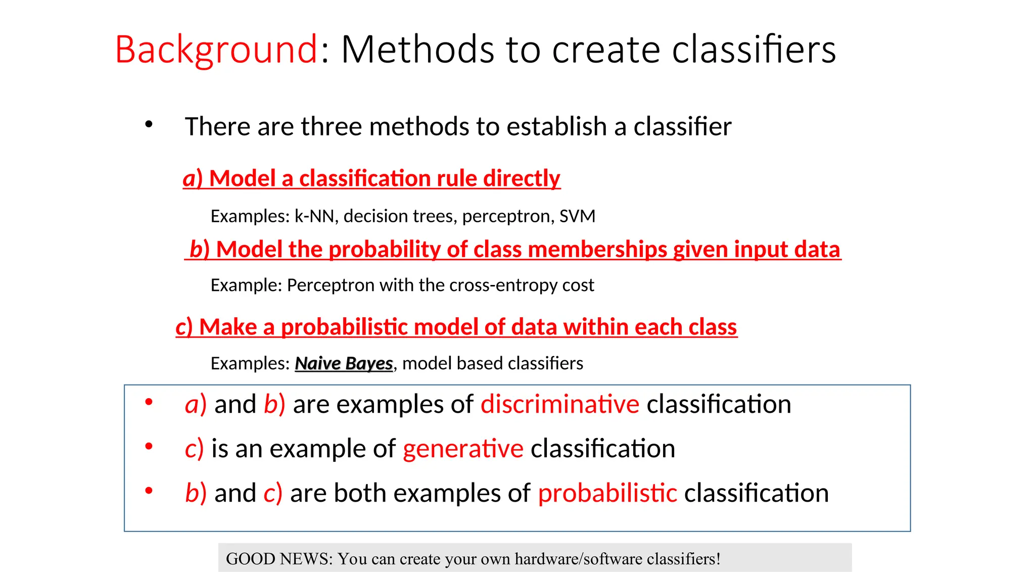 Background: Methods to create classifiers
• There are three methods to establish a classifier
a) Model a classification rule directly
Examples: k-NN, decision trees, perceptron, SVM
b) Model the probability of class memberships given input data
Example: Perceptron with the cross-entropy cost
c) Make a probabilistic model of data within each class
Examples: Naive Bayes
Naive Bayes, model based classifiers
• a) and b) are examples of discriminative classification
• c) is an example of generative classification
• b) and c) are both examples of probabilistic classification
GOOD NEWS: You can create your own hardware/software classifiers!
 