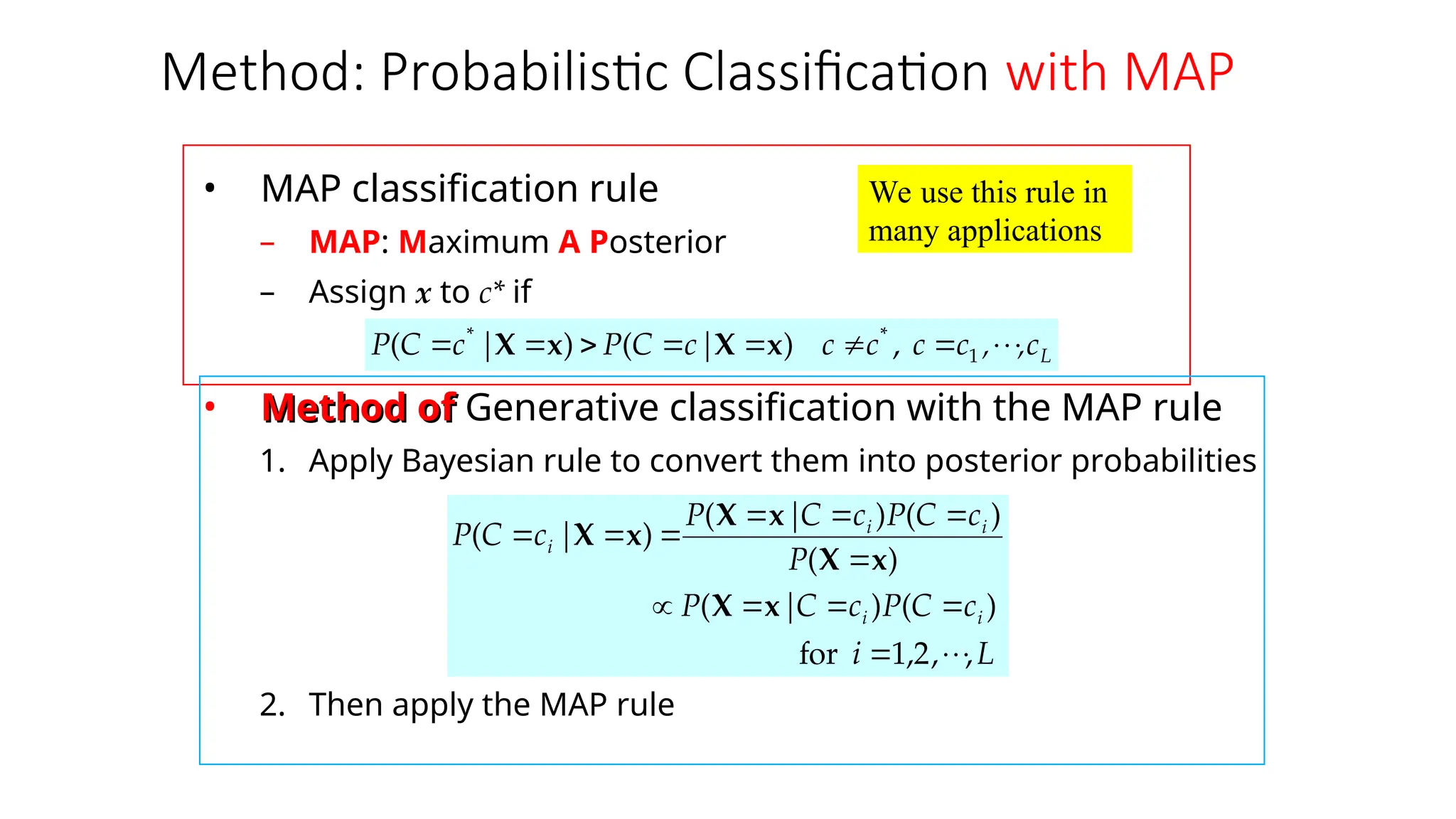 Method: Probabilistic Classification with MAP
• MAP classification rule
– MAP: Maximum A Posterior
– Assign x to c* if
• Method of
Method of Generative classification with the MAP rule
1. Apply Bayesian rule to convert them into posterior probabilities
2. Then apply the MAP rule
L
c
,
,
c
c
c
c
|
c
C
P
|
c
C
P 








 1
*
*
,
)
(
)
( x
X
x
X
L
i
c
C
P
c
C
|
P
P
c
C
P
c
C
|
P
|
c
C
P
i
i
i
i
i
,
,
2
,
1
for
)
(
)
(
)
(
)
(
)
(
)
(















x
X
x
X
x
X
x
X
We use this rule in
many applications
 