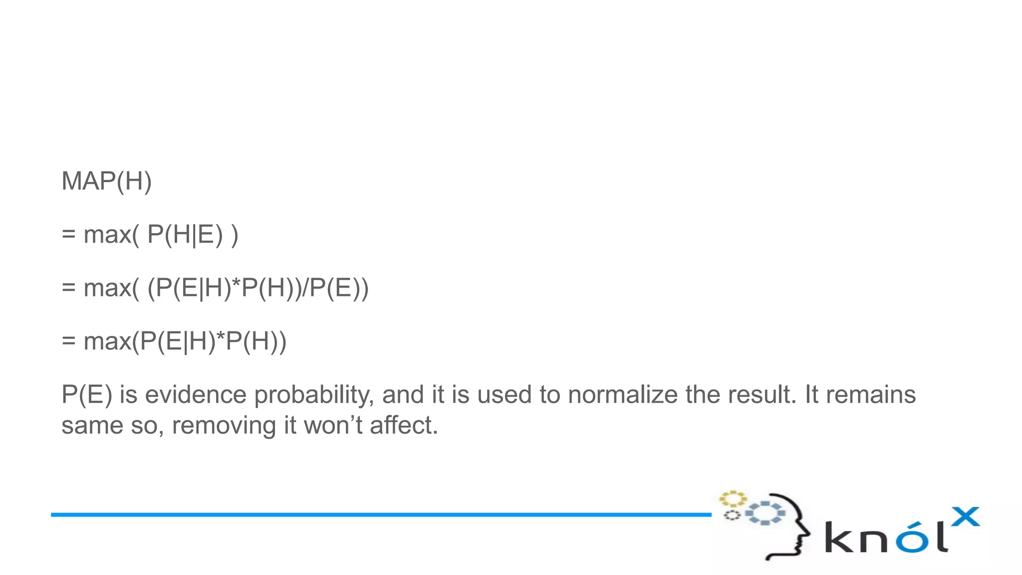 MAP(H)
= max( P(H|E) )
= max( (P(E|H)*P(H))/P(E))
= max(P(E|H)*P(H))
P(E) is evidence probability, and it is used to normalize the result. It remains
same so, removing it won’t affect.
 