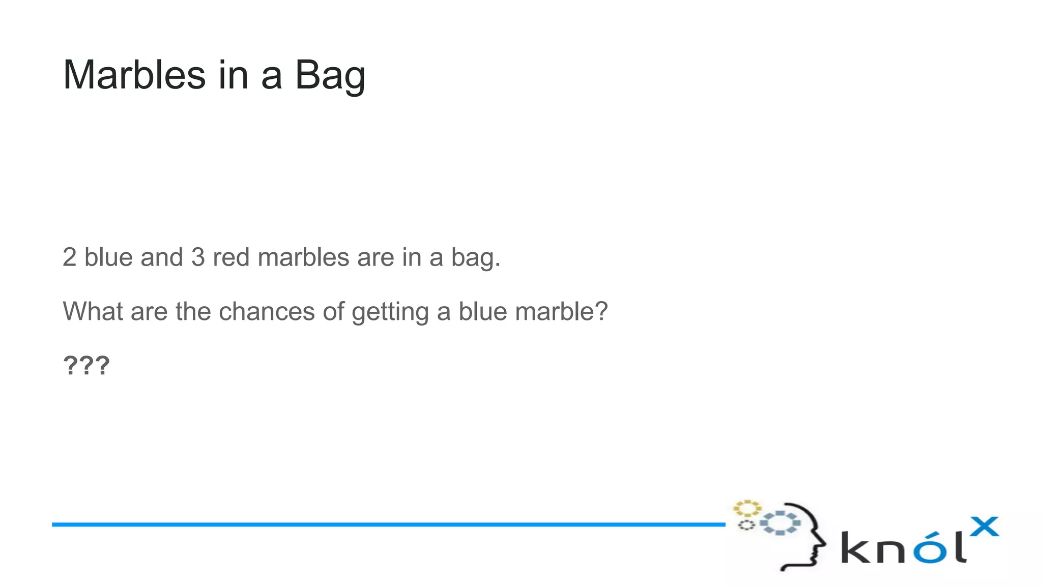 Marbles in a Bag
2 blue and 3 red marbles are in a bag.
What are the chances of getting a blue marble?
???
 