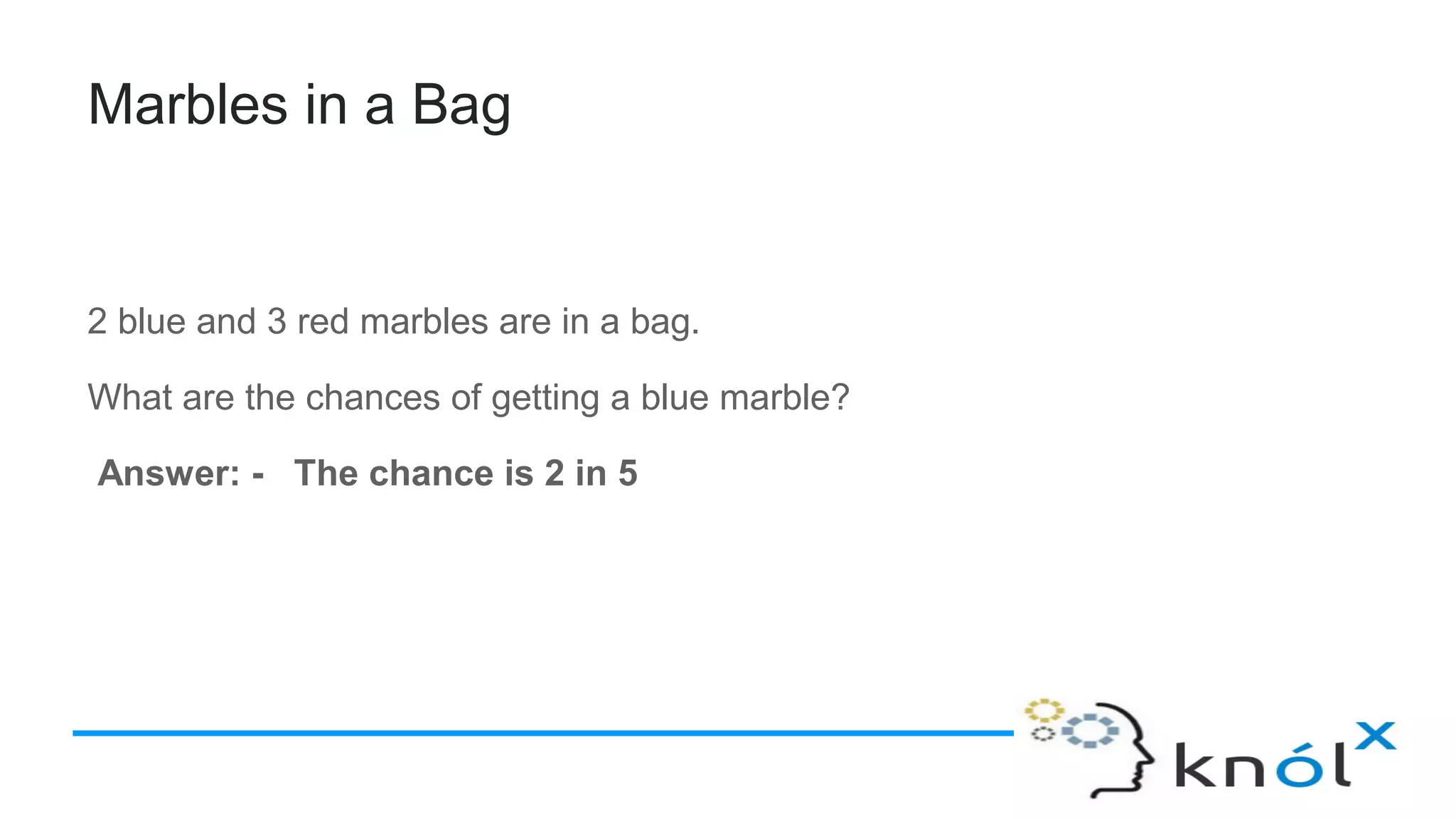 Marbles in a Bag
2 blue and 3 red marbles are in a bag.
What are the chances of getting a blue marble?
Answer: - The chance is 2 in 5
 