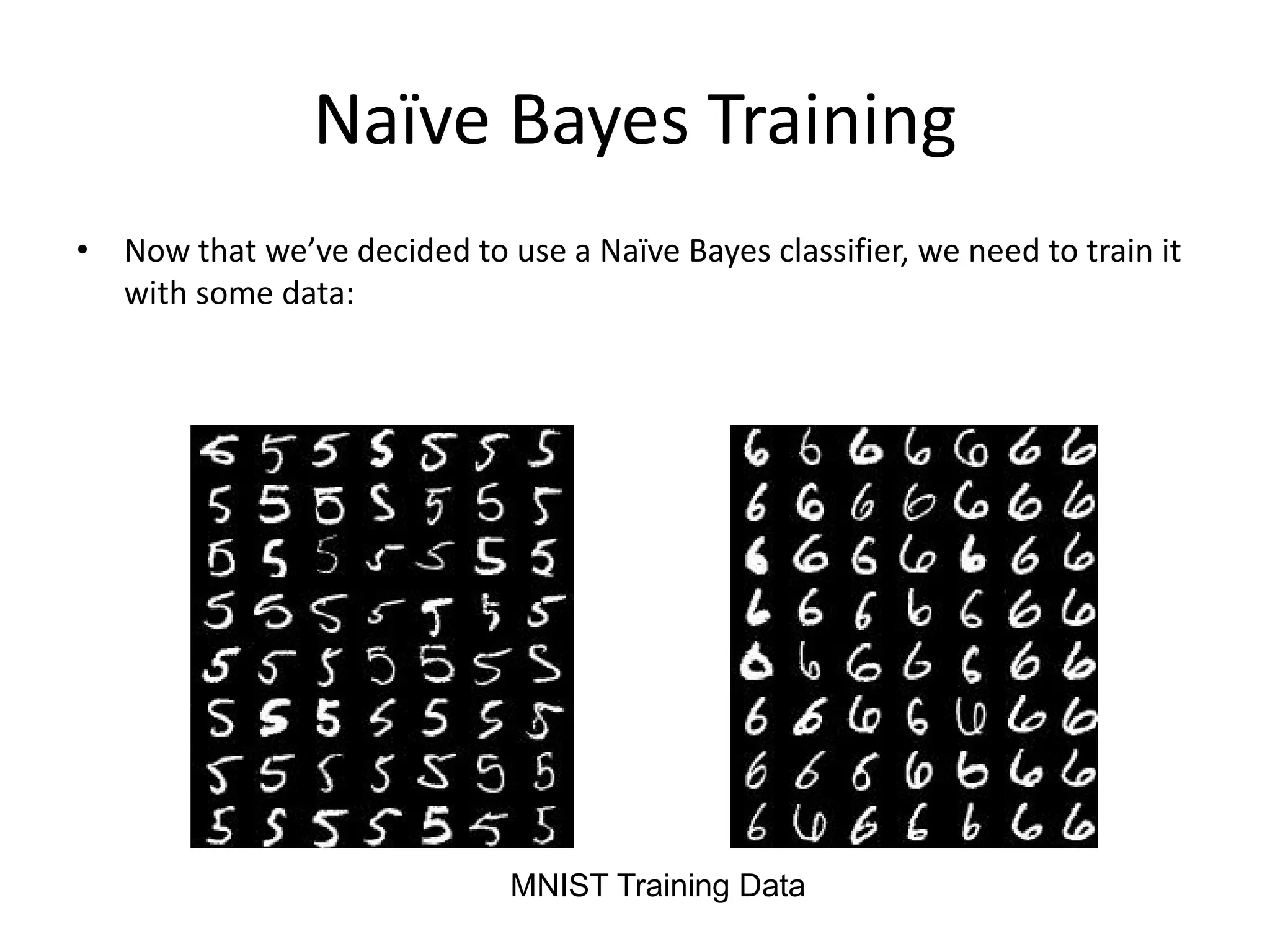 Naïve Bayes Training
• Now that we’ve decided to use a Naïve Bayes classifier, we need to train it
with some data:
MNIST Training Data
 