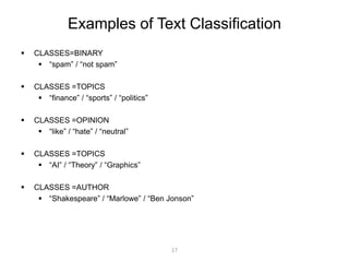Examples of Text Classification 
 CLASSES=BINARY 
 “spam” / “not spam” 
 CLASSES =TOPICS 
 “finance” / “sports” / “politics” 
 CLASSES =OPINION 
 “like” / “hate” / “neutral” 
 CLASSES =TOPICS 
 “AI” / “Theory” / “Graphics” 
 CLASSES =AUTHOR 
 “Shakespeare” / “Marlowe” / “Ben Jonson” 
17 
 
