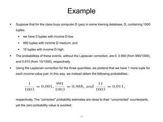 Example 
 Suppose that for the class buys computer D (yes) in some training database, D, containing 1000 
tuples. 
 we have 0 tuples with income D low, 
 990 tuples with income D medium, and 
 10 tuples with income D high. 
 The probabilities of these events, without the Laplacian correction, are 0, 0.990 (from 990/1000), 
and 0.010 (from 10/1000), respectively. 
 Using the Laplacian correction for the three quantities, we pretend that we have 1 more tuple for 
each income-value pair. In this way, we instead obtain the following probabilities : 
respectively. The “corrected” probability estimates are close to their “uncorrected” counterparts, 
yet the zero probability value is avoided. 
25 
 