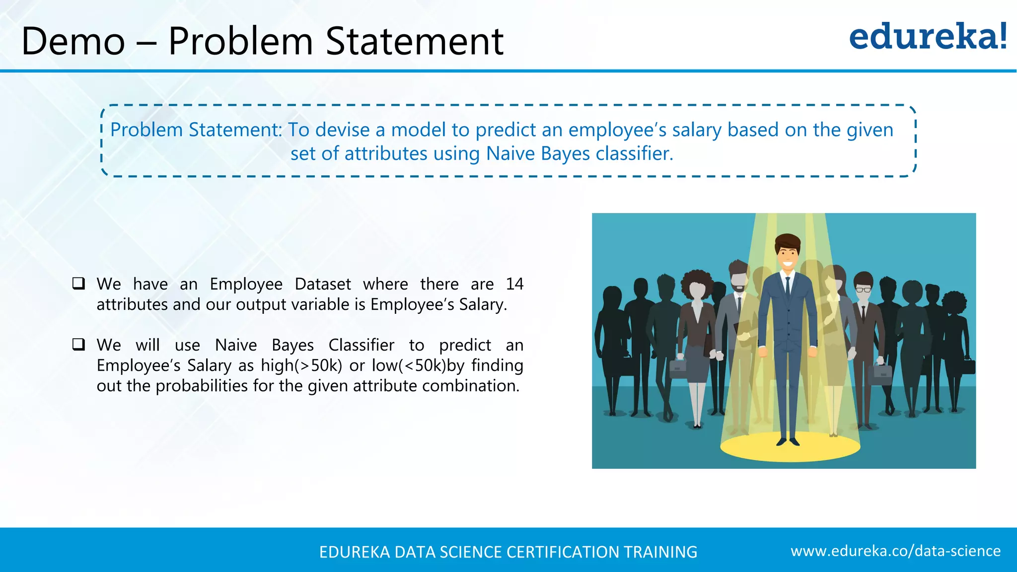 www.edureka.co/data-scienceEDUREKA DATA SCIENCE CERTIFICATION TRAINING Demo – Problem Statement Problem Statement: To devise a model to predict an employee’s salary based on the given set of attributes using Naive Bayes classifier.  We have an Employee Dataset where there are 14 attributes and our output variable is Employee’s Salary.  We will use Naive Bayes Classifier to predict an Employee’s Salary as high(>50k) or low(<50k)by finding out the probabilities for the given attribute combination. 