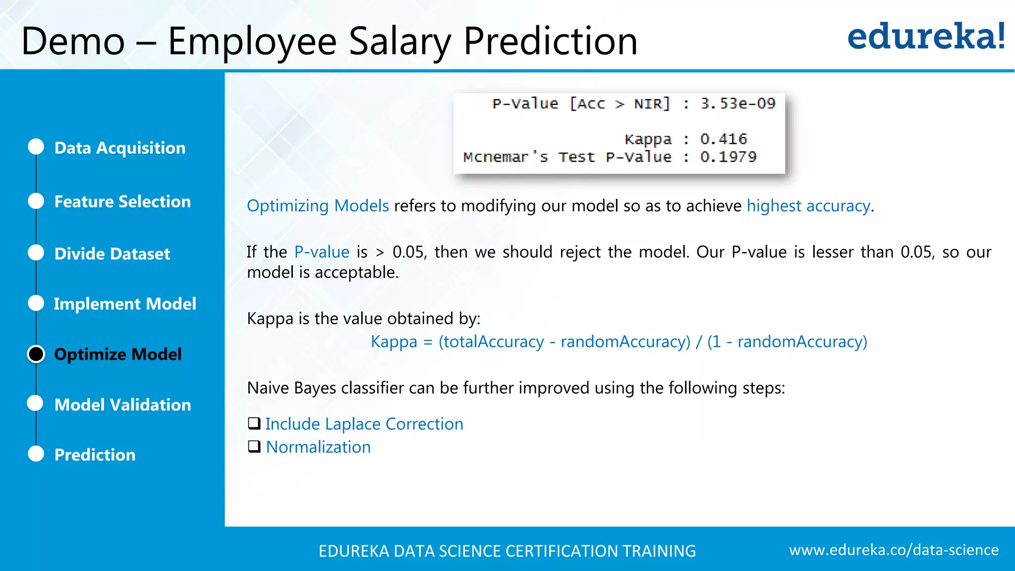 www.edureka.co/data-scienceEDUREKA DATA SCIENCE CERTIFICATION TRAINING Demo – Employee Salary Prediction Optimizing Models refers to modifying our model so as to achieve highest accuracy. If the P-value is > 0.05, then we should reject the model. Our P-value is lesser than 0.05, so our model is acceptable. Kappa is the value obtained by: Kappa = (totalAccuracy - randomAccuracy) / (1 - randomAccuracy) Naive Bayes classifier can be further improved using the following steps:  Include Laplace Correction  Normalization Feature Selection Divide Dataset Implement Model Optimize Model Prediction Model Validation Data Acquisition 