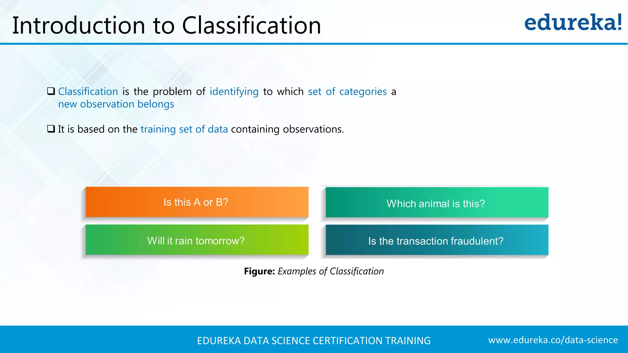 www.edureka.co/data-scienceEDUREKA DATA SCIENCE CERTIFICATION TRAINING Introduction to Classification  Classification is the problem of identifying to which set of categories a new observation belongs  It is based on the training set of data containing observations. Figure: Examples of Classification 