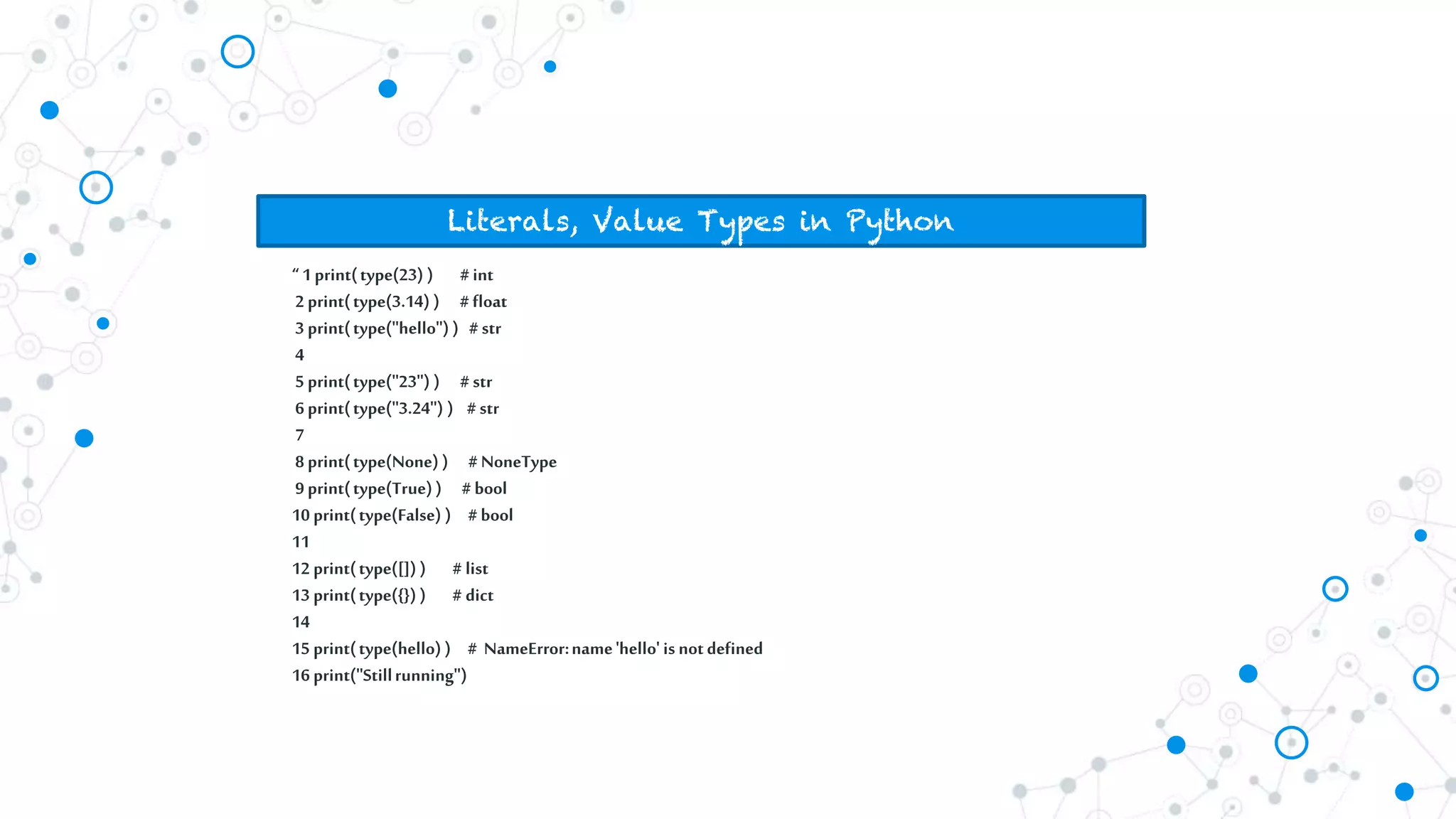 Literals, Value Types in Python
“ 1print(type(23) ) #int
2 print(type(3.14) ) #float
3 print(type("hello")) #str
4
5 print(type("23") ) #str
6 print(type("3.24") ) #str
7
8 print(type(None)) #NoneType
9 print(type(True)) #bool
10 print(type(False) ) #bool
11
12 print(type([])) # list
13 print(type({})) # dict
14
15 print(type(hello)) # NameError:name'hello' is notdefined
16 print("Stillrunning")
 