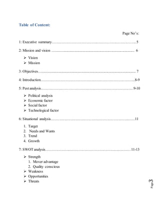 Page3
Table of Content:
Page No’s:
1: Executive summary……………………………….………………………….. 5
2: Mission and vision …...................................................................................... 6
 Vision
 Mission
3: Objectives…...................................................................................................... 7
4: Introduction…………………………………………………………………..8-9
5: Pest analysis…………………………………….…………………………. .9-10
 Political analysis
 Economic factor
 Social factor
 Technological factor
6: Situational analysis………….…………………….……………………..…..11
1. Target
2. Needs and Wants
3. Trend
4. Growth
7: SWOT analysis………………..………………………………….…….…11-13
 Strength
1. Mover advantage
2. Quality conscious
 Weakness
 Opportunities
 Threats
 