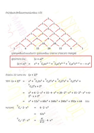 ถ้านาสัมประสิทธิ์ของทุกพจน์มาเขียน จะได้




      รูปสามเหลี่ยมข้างบนเรียกว่า รูปสามเหลี่ยม ปาสกาล (Pascal’s triangle)
      สูตรการกระจาย            (       )
                                       n          n              n
            (       )



ตัวอย่าง 22 จงกระจาย (             )
                               6           6          6              6
วิธีทา (        )
                         6




                                                                             ตอบ
            6
หมายเหตุ


            6
 