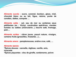 Aliments sucrés : sucre, caramel, bonbon, glace, miel,
chocolat blanc ou au lait, figue, raisins, purée de
carottes, dattes, compote …
Aliments salés : sel, eau de mer ou certaines eaux
pétillantes (ex : Vichy), cacahuètes apéritives, viandes
fumées ou salées (charcuterie…) beurre salé, fromage,
pain…
Aliments acides : citron jaune, yaourt nature, vinaigre,
certains fruits (groseilles, rhubarbe…)…
Aliments amers : pamplemousse, endive crue, café, …
Aliments épicés:
*Épices douces : cannelle, réglisse, vanille, anis,
muscade
*Épices piquantes : clou de girofle, cardamome, poivre
 