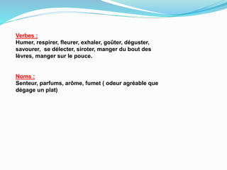 Verbes :
Humer, respirer, fleurer, exhaler, goûter, déguster,
savourer, se délecter, siroter, manger du bout des
lèvres, manger sur le pouce.
Noms :
Senteur, parfums, arôme, fumet ( odeur agréable que
dégage un plat)
 