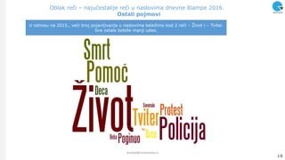 Oblak reči – najučestalije reči u naslovima dnevne štampe 2016.
Ostali pojmovi
18
analize@ninamedia.rs
U odnosu na 2015., veći broj pojavljivanja u naslovima beleţimo kod 2 reči – Ţivot i – Tviter.
Sve ostale beleţe manji udeo.
 