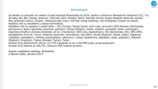 Metodologija
Za obradu su preuzeti svi naslovi iz baze klipinga Ninamedije za 2016. godinu u dnevnim štampanim medijima (12), i to:
24 sata, Alo, Blic, Danas, Dnevnik, Informer, Kurir, Politika, Sport, Sportski ţurnal, Srpski telegraf, Večernje novosti.
Nisu prikazani veznici, brojevi, interpunkcijski znaci i reči bez većeg značenja, van konteksta u kojem se nalaze.
Pojedine reči su dovedene u stanje nominativa.
Određene reči su spojene u jedan oblik – (EU, Evropa; Rusija (Ruski, anti-ruski, proruski) (SD) Partizan (Partizanski,
partizanov); Sport (sportista, sportova, sportski); Srbija (Srbijom, srpski, srpskim, prosrpski, Srbin, antisrpski);
(Sportsko Društvo) Zvezda (Zvezdaši, ali ne i Zvezdara)); SNS (sns, naprednjaci); DS (demokrate, DS); SPS (SPS,
socijalistički) Evro (€ i evro); Amerika (američki, amerikanac, bez SAD); Novak (Đoković, Novak, Nole); Hapšenje
(uhapšen, pohapšeni); Ubistvo (samoubistvo, ubistveni); Ljubav (ljubavnica, zaljubljen, ljube, poljubac); Migranti
(Migranti, Imigranti), Tramp (Donald, Tramp), Tviter.
Ukupan broj jedinstvenih reči je 121.470 a pojavile su se 1.452.895 puta, sa ponavljanjem.
Ukupan broj naslova je 346.701, odnosno 950 naslova po danu.
Analize medijskog sadržaja, Ninamedia
U Novom Sadu, januara 2017.
20
analize@ninamedia.rs
 