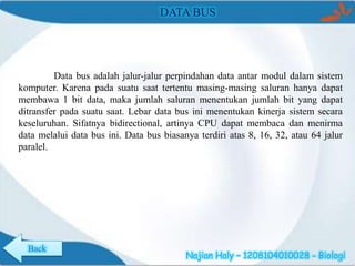 DATA BUS

Data bus adalah jalur-jalur perpindahan data antar modul dalam sistem
komputer. Karena pada suatu saat tertentu masing-masing saluran hanya dapat
membawa 1 bit data, maka jumlah saluran menentukan jumlah bit yang dapat
ditransfer pada suatu saat. Lebar data bus ini menentukan kinerja sistem secara
keseluruhan. Sifatnya bidirectional, artinya CPU dapat membaca dan menirma
data melalui data bus ini. Data bus biasanya terdiri atas 8, 16, 32, atau 64 jalur
paralel.

Back

Najian Haly – 1208104010028 - Biologi

 