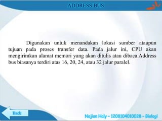 ADDRESS BUS

Digunakan untuk menandakan lokasi sumber ataupun
tujuan pada proses transfer data. Pada jalur ini, CPU akan
mengirimkan alamat memori yang akan ditulis atau dibaca.Address
bus biasanya terdiri atas 16, 20, 24, atau 32 jalur paralel.

Back

Najian Haly – 1208104010028 - Biologi

 