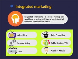 Integrated marketing
Integrated marketing is about mixing and
matching marketing activities to maximize their
individual and collective effects.
Advertising Sales Promotion
Personal Selling Public Relation (PR)
Word of MouthEvent
 
