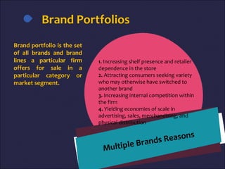 Brand Portfolios
Multiple Brands Reasons
1. Increasing shelf presence and retailer
dependence in the store
2. Attracting consumers seeking variety
who may otherwise have switched to
another brand
3. Increasing internal competition within
the firm
4. Yielding economies of scale in
advertising, sales, merchandising, and
physical distribution
Brand portfolio is the set
of all brands and brand
lines a particular firm
offers for sale in a
particular category or
market segment.
 