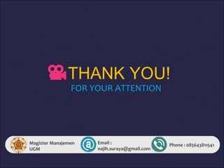 THANK YOU!
FOR YOUR ATTENTION
Email :
najih.suraya@gmail.com
Phone : 085643811541Magister Manajemen
UGM
 