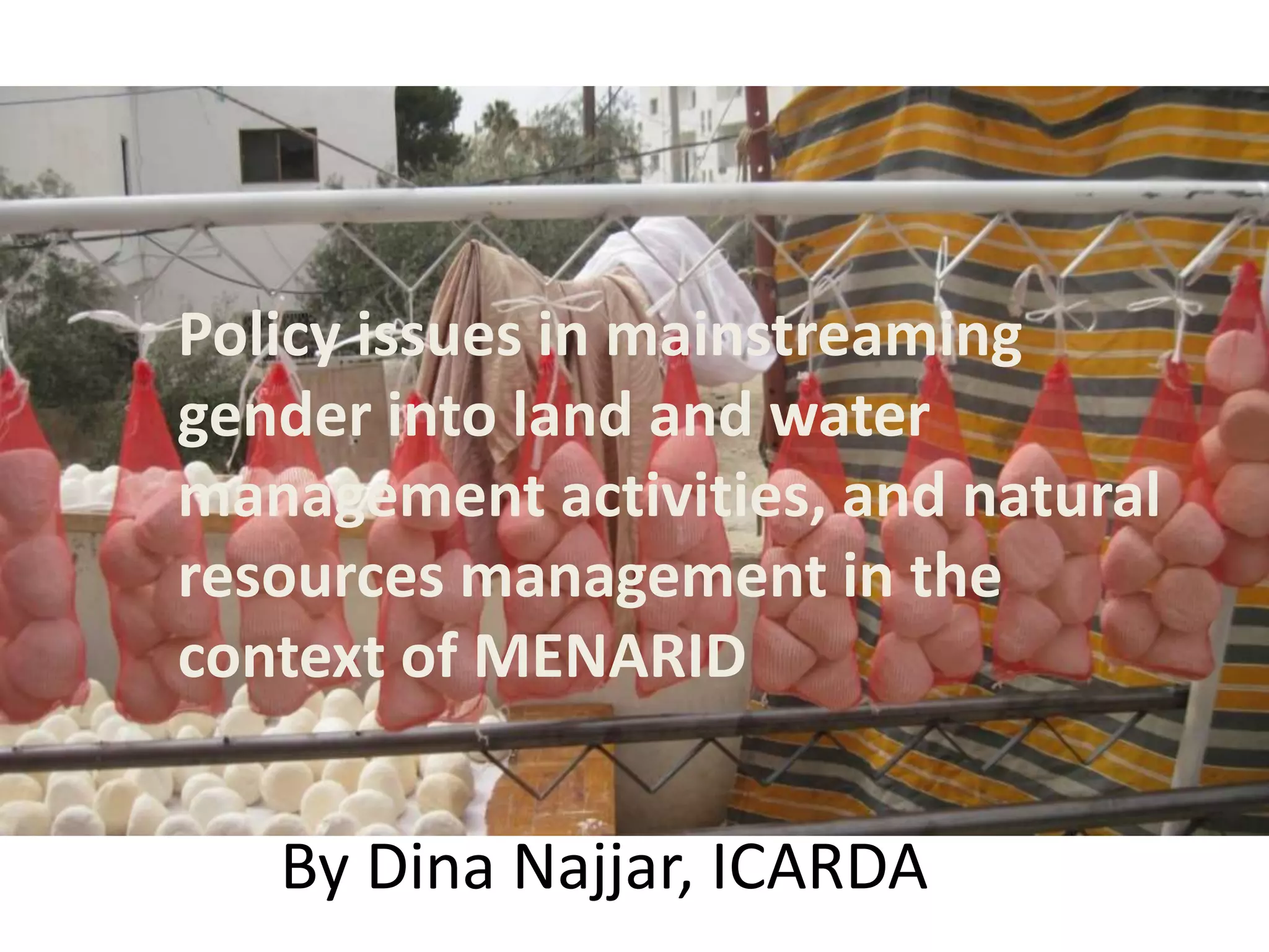 Policy issues in mainstreaming
gender into land and water
management activities, and natural
resources management in the
context of MENARID
By Dina Najjar, ICARDA
Policy issues in mainstreaming
gender into land and water
management activities, and natural
resources management in the
context of MENARID