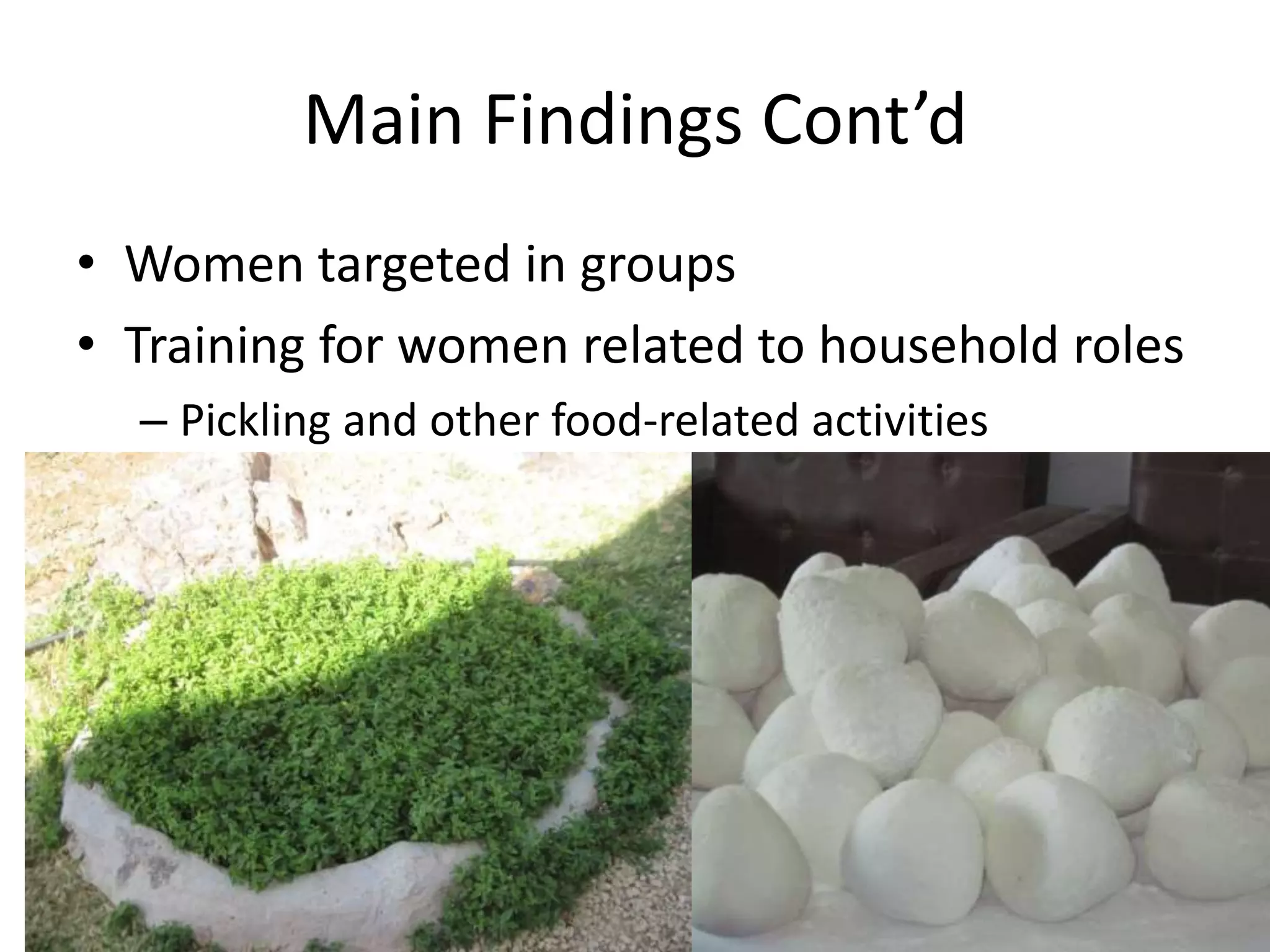 Main Findings Cont’d
• Women targeted in groups
• Training for women related to household roles
– Pickling and other food-related activities