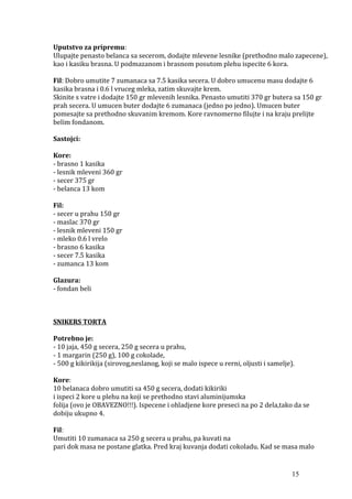 Uputstvo za pripremu:
Ulupajte penasto belanca sa secerom, dodajte mlevene lesnike (prethodno malo zapecene),
kao i kasiku brasna. U podmazanom i brasnom posutom plehu ispecite 6 kora.
Fil: Dobro umutite 7 zumanaca sa 7.5 kasika secera. U dobro umucenu masu dodajte 6
kasika brasna i 0.6 l vruceg mleka, zatim skuvajte krem.
Skinite s vatre i dodajte 150 gr mlevenih lesnika. Penasto umutiti 370 gr butera sa 150 gr
prah secera. U umucen buter dodajte 6 zumanaca (jedno po jedno). Umucen buter
pomesajte sa prethodno skuvanim kremom. Kore ravnomerno filujte i na kraju prelijte
belim fondanom.
Sastojci:
Kore:
- brasno 1 kasika
- lesnik mleveni 360 gr
- secer 375 gr
- belanca 13 kom
Fil:
- secer u prahu 150 gr
- maslac 370 gr
- lesnik mleveni 150 gr
- mleko 0.6 l vrelo
- brasno 6 kasika
- secer 7.5 kasika
- zumanca 13 kom
Glazura:
- fondan beli
SNIKERS TORTA
Potrebno je:
- 10 jaja, 450 g secera, 250 g secera u prahu,
- 1 margarin (250 g), 100 g cokolade,
- 500 g kikirikija (sirovog,neslanog, koji se malo ispece u rerni, oljusti i samelje).
Kore:
10 belanaca dobro umutiti sa 450 g secera, dodati kikiriki
i ispeci 2 kore u plehu na koji se prethodno stavi aluminijumska
folija (ovo je OBAVEZNO!!!). Ispecene i ohladjene kore preseci na po 2 dela,tako da se
dobiju ukupno 4.
Fil:
Umutiti 10 zumanaca sa 250 g secera u prahu, pa kuvati na
pari dok masa ne postane glatka. Pred kraj kuvanja dodati cokoladu. Kad se masa malo
15
 