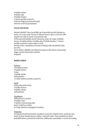 6 kašika mleka
6 kašika ulja
8 kašika brašna
1 kesica praška za pecivo
2 kesice šlaga (za premazivanje)
mleveni orasi (za posipanje)
NACIN PRIPREME
Jabuke oljuštiti i iseci na kriške, pa ih poredati po dnu kalupa za
tortu, i to u dva reda. Posuti ih šoljom šecera i peci u rerni na 200
stepeni sve dok ne puste svoj penasti sok.
Preko pecenih jabuka staviti umuceno testo od 4 jaja, 6 kašika
šecera, 6 kašika mleka, 6 kašika ulja, 8 kašika brašna i 1 kesice
praška za pecivo i ispeci opet u rerni.
Peceno testo s jabukama izvrnuti iz kalupa tako da jabuke budu
na vrhu.
Tortu dobro ohladiti i po želji premazati sa dve kesice umucenog
šlaga i posuti mlevenim orasima.
Prijatno!
ROZEN TORTA
Za kore:
15 kašika brašna
2 kašike šećera
2 jaja
2 kašike mleka
100 g butera
½ čajne kašičice praška za pecivo
Za fil:
250 g mlevenih oraha
5 kašika šećera
2 kašike mleka
250 g butera
Za glazuru:
200 g šećera u prahu
2 kašike vode
1 kašičica limunovog soka
buter (veličine oraha)
5-6 kapi ekstrata od jagoda ili malina
Priprema
Prosejano brašno pomešati s praškom za pecivo, dodati šećer, umućena jaja,
buter (sobne temperature), mleko i zamesiti testo. Testo podeliti na deset
jednakih delova, premesiti svaki deo, oblikovati u poluloptu i razviti od svakog
18
 