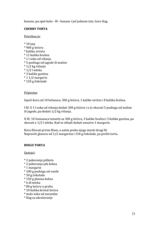 banane, pa opet keks - fil - banane i još jednom isto. Gore šlag.
CHERRY TORTA
Potrebno je:
* 10 jaja
* 900 g šećera
* kašika sirćeta
* 11 kašika brašna
* 1 l soka od višanja
* 5 pudinga od jagode ili maline
* 1/2 kg višanja
* 1/2 l mleka
* 3 kašike gustina
* 1 1/2 margarin
* 150 g čokolade
Priprema:
Ispeći koru od 10 belanaca, 300 g šećera, 1 kašike sirćeta i 8 kašika brašna.
I fil: U 1 l soka od višanja dodati 300 g šećera i u to skuvati 5 pudinga od maline
ili jagode, pa dodati 1/2 kg višanja.
II fil: 10 žumanaca izmutiti sa 300 g šećera, 3 kašike brašna i 3 kašike gustina, pa
skuvati u 1/2 l mleka. Kad se ohladi dodati umućen 1 margarin.
Koru filovati prvim filom, a zatim preko njega staviti drugi fil.
Napraviti glazuru od 1/2 margarina i 150 g čokolade, pa preliti tortu.
BINGO TORTA
Sastojci:
* 2 pakovanja piškota
* 2 pakovanja jafa keksa
* 1 margarin
* 100 g pudinga od vanile
* 50 g čokolade
* 150 g plazma keksa
* 6 dl mleka
* 80 g šećera u prahu
* 10 kašika kristal šećera
* malo soka od narandze
* šlag za ukrašavanje
23
 