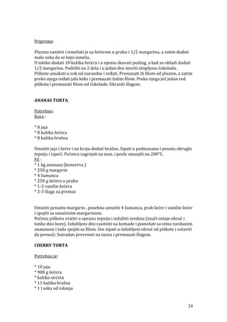 Priprema:
Plazmu samleti i izmešati je sa šećerom u prahu i 1/2 margarina, a zatim dodati
malo soka da se lepo izmeša.
U mleko dodati 10 kašika šećera i u njemu skuvati puding, a kad se ohladi dodati
1/2 margarina. Podeliti na 2 dela i u jedan deo staviti otopljenu čokoladu.
Piškote umakati u sok od narandze i ređati. Premazati ih filom od plazme, a zatim
preko njega ređati jafa keks i premazati žutim filom. Preko njega još jedan red
piškota i premazati filom od čokolade. Ukrasiti šlagom.
ANANAS TORTA
Potrebno:
Kora :
* 8 jaja
* 8 kašika šećera
* 8 kašika brašna
Umutiti jaja i šećer i na kraju dodati brašno. Sipati u podmazanu i posutu okruglu
tepsiju i ispeći. Pećnicu zagrejati na max. i posle smanjiti na 200°C.
Fil :
* 1 kg ananasa (konzerva )
* 250 g margarin
* 4 žumanca
* 250 g šećera u prahu
* 1-2 vanilin šećera
* 2-3 šlaga za premaz
Umutiti penasto margarin , posebno umutiti 4 žumanca, prah šećer i vanilin šećer
i spojiti sa umućenim margarinom.
Pečenu piškotu vratiti u opranu tepsiju i izdubiti sredinu (znači ostaje obruč i
tanko dno kore). Izdubljeni deo rasitniti na komade i pomešati sa sitno iseckanim
ananasom i tada spojiti sa filom. Sve sipati u izdubljeni obruč od piškote i ostaviti
da prenoći. Sutradan prevrnuti na tacnu i premazati šlagom.
CHERRY TORTA
Potrebno je:
* 10 jaja
* 900 g šećera
* kašika sirćeta
* 11 kašika brašna
* 1 l soka od višanja
24
 