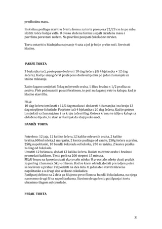 predhodnu masu.
Biskvitnu podlogu sraviti u čvrstu formu za torte promjera 22/23 cm te po rubu
složiti rolice holipa vafla. U ovako složenu formu usipati izrađenu masu i
površinu poravnati nožem. Na površini posipati čokoladne mrvice.
Tortu ostaviti u hladnjaku najmanje 4 sata a još je bolje preko noći. Servirati
hladno.
PARFE TORTA
3 bjelanjka tući, postepeno dodavati 10 dag šećera (ili 4 bjelanjka + 12 dag
šećera). Kad je snijeg čvrst postepeno dodavati jedan po jedan žumanjak uz
stalno miksanje.
Zatim lagano umiješati 5 dag mljevenih oraha, 1 žlicu brašna s 1/2 praška za
pecivo. Pleh podmazati i posuti brašnom, te peći na laganoj vatri u kalupu. kad je
hladno stavi filu.
FILA:
10 dag šećera izmiksati s 12,5 dag maslaca i dodavati 4 žumanjka i na kraju 12
dag otopljene čokolade. Posebno tući 4 bjelanjka s 20 dag šećera. Kad je gotovo
izmiješati sa žumanjcima i na kraju tučeni šlag. Gotova krema se izlije u kalup na
ohlađeno tijesto, te stavi u hladnjak da stoji preko noći.
BANDŽI TORTA
Potrebno: 12 jaja, 12 kašike šećera,12 kašike mlevenih oraha, 2 kašike
brašna,600ml mleka,1 margarin, 2 kesice pudinga od vanile, 250g šećera u prahu,
250g napolitanki, 10 bandži čokolada od lešnika, 250 ml mleka, 2 kesice praška
za šlag od čokolade.
Umutiti 12 belanaca, dodati 12 kašika šećera. Dodati mlevene orahe i brašno i
promešati kašikom. Testo peći na 200 stepeni 15 minuta.
FIL:U šerpu na šporetu sipati skoro celo mleko. U preostalo mleko doati prašak
za puding i žumanca. Skuvati krem. Kad se krem ohladi, dodati preradjen puter
sa šećerom u prahu I Fil podeliti na dva dela. U jedan deo staviti mlevene
napolitanke a u drugi deo seckane cokoladice.
Patišpanj delimo na 2 dela pa filujemo prvo filom sa bandži čokoladama, na njega
nanesemo drugi fil sa napolitankama. Stavimo drugu lentu patišpanja i tortu
ukrasimo šlagom od cokolade.
PESAK TORTA
31
 