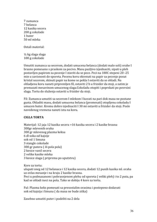 7 zumanca
7 belanca
12 kasika secera
200 g cokolade
1 buter
50 ml mleka
Ostali material:
½ kg slaga slaga
100 g cokolade
Umutiti zumanca sa secerom, dodati umucena belanca (dodati malo soli) orahe I
brasno pomesano s praskom za pecivo. Masu pazljivo izjednaciti, sipati u pleh
postavljen papirom za pecenje I staviti da se pece. Peci na 180C stepeni 20 -25
min u zavisnosti do sporeta. Pecenu koru okrenuti na papir za pecenje posut
kristal secerom, skinuti papir na kome se pekla I ostaviti da se ohladi. Na
ohladjenu koru naneti pripremljen fil, ostaviti 2 h u frizider da stoji, a zatim je
premazati mesavinom umucenog slaga.Cokoladu otopiti i poprskati po povrsini
slaga. Tortu do služenja ostaviti u frizider da stoji.
Fil: Zumanca umutiti sa secerom I mlekom I kuvati na pari dok masa ne postane
gusta. Ohladiti masu, dodati umucena belanca (promesati) otopljenu cokoladu I
umucen buter. Kremu dobro izjednaciti I 30 mi ostaviti u frizider da stoji. Posle
navedenog vremena naneti istu na koru.
CIGLA TORTA
Materijal: 12 jaja 12 kasika secera +16 kasika secera i 2 kasike brasna
300gr mlevenih oraha
300 gr mlevenog plazma keksa
6 dl soka od kajsije
sok od 1 limuna
3 stangle cokolade
300 gr putera ( ili pola pola)
2 kesice vanil secera
2 velike kasike mleka
3 kesice slaga ( priprema po uputstvu)
Kore za tortu:
ulupati sneg od 12 belanaca i 12 kasika secera, dodati 12 punih kasika ml. oraha
uz ovlas mesanje i na kraju 2 kasike brasna.
Peci u podmazanom i pobrasnjenom plehu od sporeta ( veliki pleh) i to 2 puta, pa
kad se ohladi iseci na pola. Tako se dobiju 4 kore za tortu.
Ful: Plazma keks pomesati sa presostalim orasima i postepeno dodavati
sok od kajsija i limuna ( da masa ne bude zitka)
Zasebno umutiti puter i podeliti na 2 dela
36
 