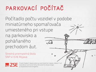 PARKOVACÍ POČÍTAČ
Počítadlo počtu vozidiel v podobe
miniatúrneho spomaľovača
umiesteného pri vstupe
na parkovisko a
poháňaného
prechodom áut.
Stredná priemyselná škola
SNP 413/8, Myjava
Projekt Najlepší nápad podporuje podnikateľské nápady mladých ľudí.
Generálnym partnerom témy Obnoviteľné zdroje energie
je Západoslovenská energetika.
 
