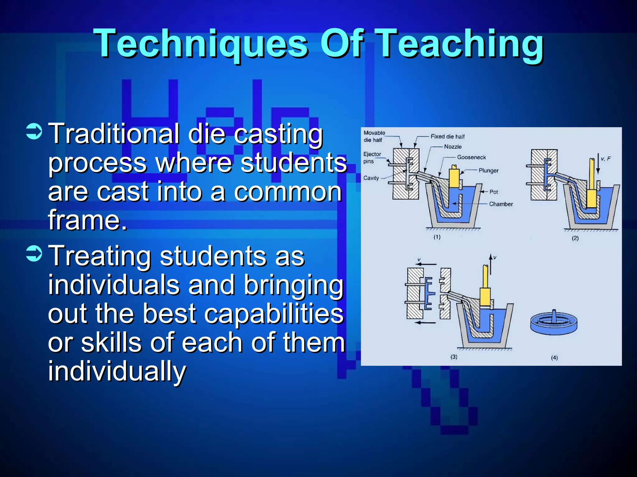 Techniques Of Teaching Traditional die casting process where students are cast into a common frame. Treating students as individuals and bringing out the best capabilities or skills of each of them individually 