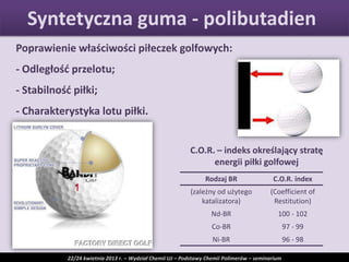 Poprawienie właściwości piłeczek golfowych:
- Odległośd przelotu;
- Stabilnośd piłki;
- Charakterystyka lotu piłki.
Rodzaj BR C.O.R. index
(zależny od użytego
katalizatora)
(Coefficient of
Restitution)
Nd-BR 100 - 102
Co-BR 97 - 99
Ni-BR 96 - 98
C.O.R. – indeks określający stratę
energii piłki golfowej
Syntetyczna guma - polibutadien
22/24 kwietnia 2013 r. – Wydział Chemii UJ – Podstawy Chemii Polimerów – seminarium
 