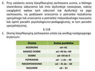 3. Przy ustalaniu oceny klasyfikacyjnej zachowana ucznia, u którego
stwierdzono zaburzenia lub inne dysfunkcje rozwojowe, należy
uwzględnić wpływ tych zaburzeń lub dysfunkcji na jego
zachowanie, na podstawie orzeczenia o potrzebie kształcenia
specjalnego lub orzeczenia o potrzebie indywidualnego nauczania
lub opinii poradni psychologiczno-pedagogicznej, w tym poradni
specjalistycznej.
§ 118
1. Ocenę klasyfikacyjną zachowania ustala się według następującego
kryterium:
Ocena Suma punktów
WZOROWE od +61
BARDZO DOBRE od +40 do +60
DOBRE od +39 do 0
POPRAWNE od  1 do  40
NIEODPOWIEDNIE od  41 do  60
NAGANNE od  61
 