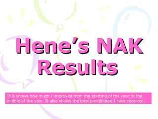Hene’s NAK Results   This shows how much I improved from the starting of the year to the middle of the year. It also shows the total percentage I have received.   