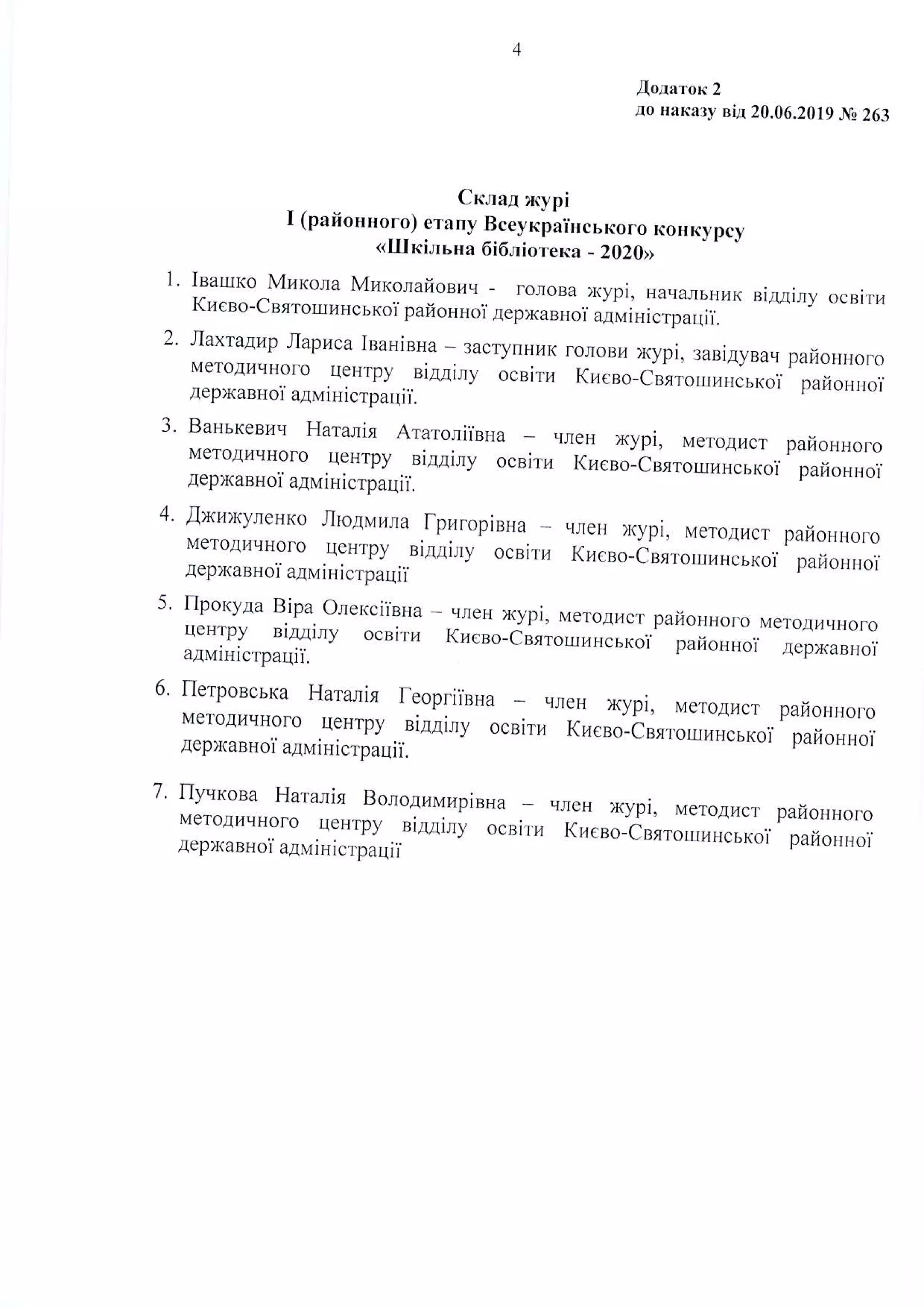 Aoaaror 2
.qo HaKary Biq 20.06.2019 Jy, 263
I (pafioHuoro)
",r,tT:;TIli""bKoro KoHKyDcv
<Ill ri,ruua 6i6,rio rera _ 2020>
l. IBauKo Mnrola Maro,raiioBaq.._ ronoBa xypi, Hava-lrHar etg,qiry ocoi.ruKtcso-C errorua Hcrroi paiorrroi gepxasHol. aav iH icr pauii.
2. Ilaxt at up,tlaprca IsaHietla
Meronr{r rH o,o uearpy aia:r i n3f TJ;ff
.l{.:l_trJiff
'#ffi rffi
:::::4epNaaHoi aguiHicrpaqil.
3. BaHlKeeHq Hara,ris Araro ..
Mero.r'rrHoro u"n"py uioolo'i"nX.;r"fi ."Tl3;rffiff:r tffi:il:?
gepNanuoi agviHicrpaqii.
4. ANHxy,reuxo ,rLoglrr.r,ra fparopioua. _ qneH xypi, Mero/lr{cr parorrHoroMeroau,.rHoro qeurpy ei44i,ry ocsiru Kueso_Csrrorl14HcbKoI paioHHoigepxaoHoi a4viuicrpaqii
5. flporqAa Bipa O,rerciiaHa _ ,
ueurpy rissiny
"""'.; o';il"?J;;ff;niil,T#:;::,'";:ffi:::?aauinicrpaqii.
6. flerponcrra Haralir feoprii.nHa - rrreH Nypi, uero4tcr paioHHoroMeroAuqHofo ueHrpy ni44i,1y ocsirr Kneao-bBororrr"ilr*oi pafiouHoi
4epxanuoi agnriuicrpaqii.
7. llylrcoaa Hara,rir Boaoguvzpisua
._ u.lel Nypi, MeroAr.lcr pai:ioHr{ofoMeroAHqHoro qeu.rpy ri14i.rry ocsir.a KHe eo
jCerrottr"oiunoi
pafourroiAepNaeHoi aAN{iHicrpauii
 