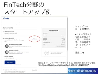 FinTech分野の
スタートアップ例
ショッピング
ローンのAffirm
eコマースサイト
で商品を購入す
る際に、即時審
査、即時融資す
るショッピング
ローン
審査はAI
関連記事：シリコンバレーがやって来る、全産業を襲う新たな脅威
http://itpro.nikkeibp.co.jp/atcl/watcher/14/334361/062600307/
 