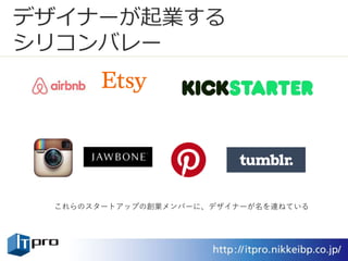 デザイナーが起業する
シリコンバレー
これらのスタートアップの創業メンバーに、デザイナーが名を連ねている
 