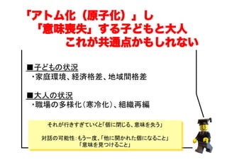 ■子どもの状況
　・家庭環境、経済格差、地域間格差
■大人の状況
　・職場の多様化（寒冷化）、組織再編
「アトム化（原子化）」し
 「意味喪失」する子どもと大人
    これが共通点かもしれない
それが行きすぎていくと「個に閉じる、意味を失う」
対話の可能性：もう一度、「他に開かれた個になること」
「意味を見つけること」
 