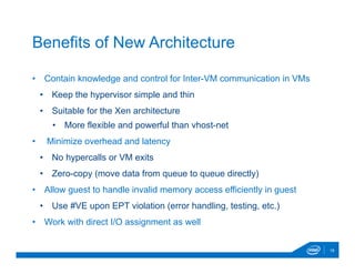 • Contain knowledge and control for Inter-VM communication in VMs 
• Keep the hypervisor simple and thin 
• Suitable for t...