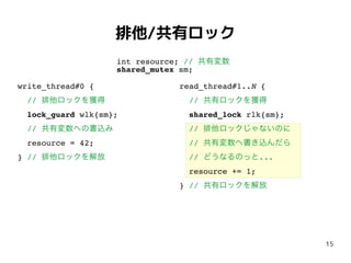 15
排他/共有ロック
write_thread#0 {
// 排他ロックを獲得
lock_guard wlk{sm};
// 共有変数への書込み
resource = 42;
} // 排他ロックを解放
read_thread#1..N {
// 共有ロックを獲得
shared_lock rlk{sm};
// 排他ロックじゃないのに
// 共有変数へ書き込んだら
// どうなるのっと...
resource += 1;
} // 共有ロックを解放
int resource; // 共有変数
shared_mutex sm;
 