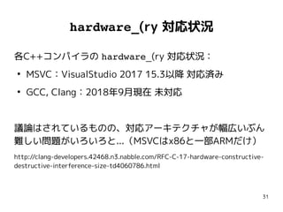 31
hardware_(ry 対応状況
各C++コンパイラの hardware_(ry 対応状況：
●
MSVC：VisualStudio 2017 15.3以降 対応済み
●
GCC, Clang：2018年9月現在 未対応
議論はされているものの、対応アーキテクチャが幅広いぶん
難しい問題がいろいろと...（MSVCはx86と一部ARMだけ）
http://clang-developers.42468.n3.nabble.com/RFC-C-17-hardware-constructive-
destructive-interference-size-td4060786.html
各C++コンパイラの hardware_(ry 対応状況：
●
MSVC：VisualStudio 2017 15.3以降 対応済み
●
GCC, Clang：2018年9月現在 未対応
議論はされているものの、対応アーキテクチャが幅広いぶん
難しい問題がいろいろと...（MSVCはx86と一部ARMだけ）
http://clang-developers.42468.n3.nabble.com/RFC-C-17-hardware-constructive-
destructive-interference-size-td4060786.html
 