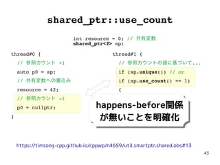 43
shared_ptr::use_count
int resource = 0; // 共有変数
shared_ptr<T> sp;
thread#0 {
// 参照カウント +1
auto p0 = sp;
// 共有変数への書込み
resource = 42;
// 参照カウント -1
p0 = nullptr;
}
thread#1 {
// 参照カウントの値に基づいて...
if (sp.unique()) // or
if (sp.use_count() == 1)
{
// 共有変数からの読取り
int local = resource;
}
}
happens-before関係
が無いことを明確化
https://timsong-cpp.github.io/cppwp/n4659/util.smartptr.shared.obs#13
 