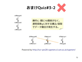 70
おまけQuiz#3-2
Powered by http://svr-pes20-cppmem.cl.cam.ac.uk/cppmem/
操作d, i間にhb関係がなく、
通常変数gに対する書込/読取
でデータ競合が発生する。
 