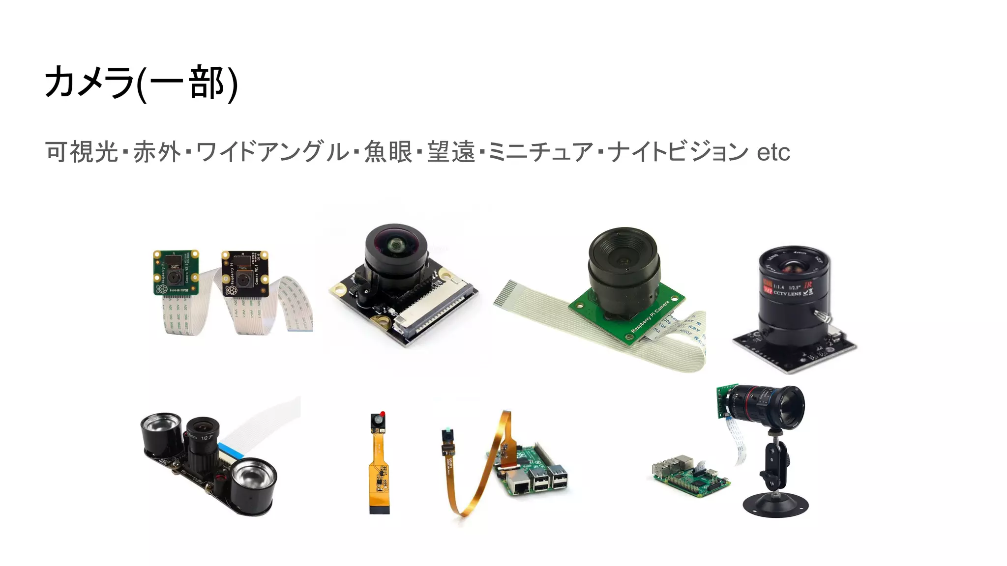 カメラ(一部)
可視光・赤外・ワイドアングル・魚眼・望遠・ミニチュア・ナイトビジョン etc
 
